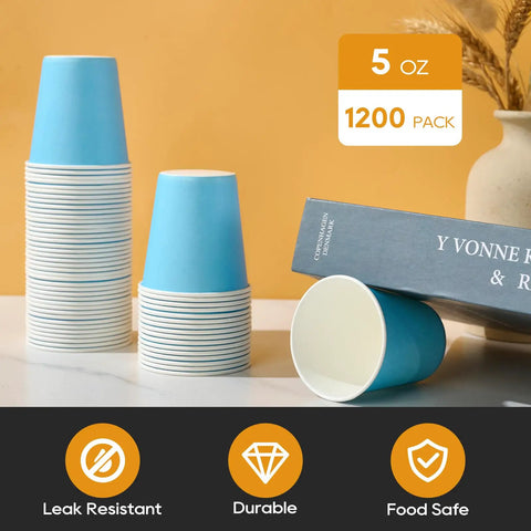 Sturdy 5oz Disposable Paper Cups Bulk 1200 Pack For Cold Drinks, Parties, Offices, Events, Hydration Stations, Snacks, And Mouthwash Use, Leakproof Multiuse Water Cups displayed in stacks.
