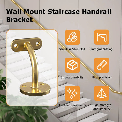 Top Shelf Heavy Duty Two Pack Stainless Steel 304 Wall Mount Handrail Brackets For Wood And Metal Stair Railings Rock Solid Flat Surface Square Tube Support With Smooth Satin Gold Finish