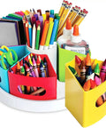 Rotating Art Supply Organizer With Six Colorful Cups That Holds Crayons Markers And Pencils Kid Friendly Desk Caddy For Classroom Or Home Use Easy Grab And Go Access