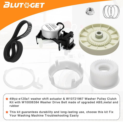 Washer Shift Actuator Kit with pulley, clutch, drive belt, and components, for Whirlpool Kenmore Maytag machines W10913953 W10721967 W10006384