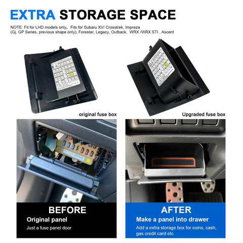 Comparison of original and upgraded Subaru Dope Fuse Box Coin Holder And Orange Storage Tray for Crosstrek XV Forester Legacy models.