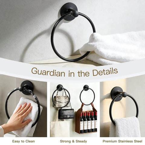 Adhesive Towel Ring Self Adhesive Stainless Steel Matte Black Rustproof Bathroom Towel Holder Wall Mount SUS 304