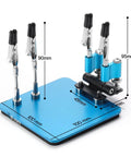 Soldering Helping Hands Set with 360 Degree Adjustable Magnetic Arms and Four Gooseneck Clamps on Compact Steel Base, dimensions visible