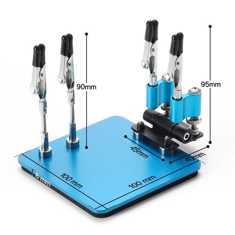 Soldering Helping Hands Set with 360 Degree Adjustable Magnetic Arms and Four Gooseneck Clamps on Compact Steel Base, dimensions visible