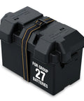 Rock Solid Battery Storage Box With Heavy Duty Mounting Strap Built Tough As Nails For Marine And Rv Use Fits Group 27 Batteries Inside Acid Resistant Polypropylene Shell Black, side view with strap.