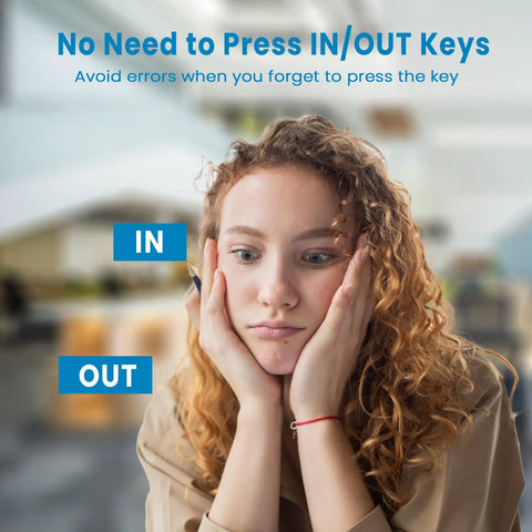 Woman looking concerned about forgetting to press IN/OUT keys, illustrating Straight Up Standalone Fingerprint Time Clock For Small Business Dead Simple Hour Tracker Zero Monthly Fees Offline Attendance Device With Five Rfid Cards Plug And Play Payroll Helper.