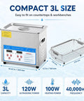 Top Tier Three Liter Ultrasonic Cleaner With Quick Heat Mode And Digital Timer, compact design with stainless steel basket and digital controls.