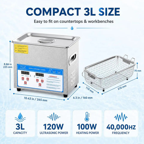Top Tier Three Liter Ultrasonic Cleaner With Quick Heat Mode And Digital Timer, compact design with stainless steel basket and digital controls.