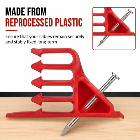 100 Pack Red Plastic Cable Stacker Clips With Nail For Secure Electrical Wire Organization Insulated Cordless Hammer Staple, red clip on wood.