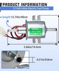 12V Inline Fuel Pump Universal Low Pressure 3-6 PSI, 30 GPH, 8mm Hose, Copper Clad Aluminum, dimensions labeled