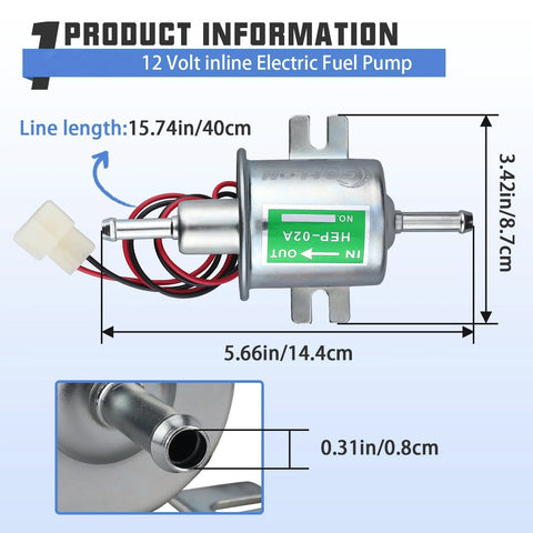 12V Inline Fuel Pump Universal Low Pressure 3-6 PSI, 30 GPH, 8mm Hose, Copper Clad Aluminum, dimensions labeled