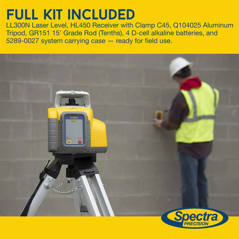 Self Leveling Rotary Laser Kit With Tripod HL450 Receiver GR151 Case And Alkaline Batteries Rugged IP66 Jobsite Performance No Fuss One Button Operation Fast Setup Precision For Grading And Alignment, rotary laser on tripod