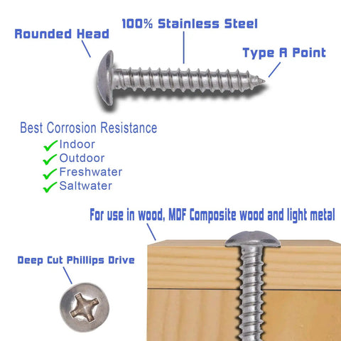 Heavy Duty Truss Head Wood Screws With Phillips Drive Made From 18 8 Stainless Steel Tough As Nails Rustproof Protection for wood use.