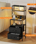 Solid Tall Nightstand With Four Open Shelves And Two Fabric Drawers Ultimate Bedside Station Big Time Bedroom Storage Setup with charging station and LED light