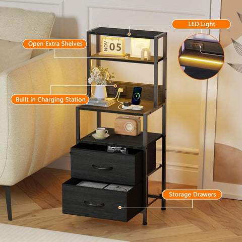 Solid Tall Nightstand With Four Open Shelves And Two Fabric Drawers Ultimate Bedside Station Big Time Bedroom Storage Setup with charging station and LED light