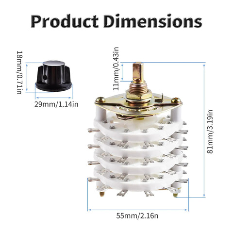 Rotary Band Switch 4P11T 4 Pole 11 Position Channel Selector Knob with dimensions; multi-deck switch for TV radio devices