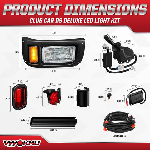 Product dimensions for Deluxe 12V LED Headlight And Taillight Kit For 1993 Up Club Car DS Gas And Electric Golf Carts.