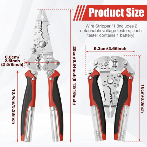 16 In 1 Folding Wire Stripper And Electrician Multi Tool Heavy Duty Pliers With Voltage Tester 12 To 250V For Quick Stripping And Cutting Crimping And Twisting On The Job Pocket Sized Everyday Carry Pro Grade, 13.4cm pliers size shown