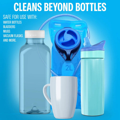 Water Bottle Cleaner Tablets 36 Pack No Chlorine Odor Control Formula with bottles, hydration pack, mug, and flask