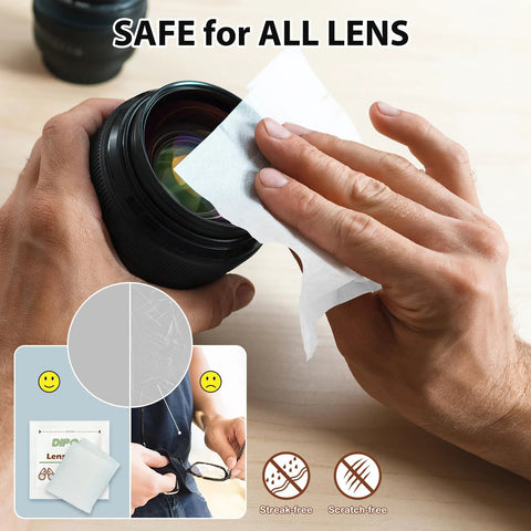 Close-up of hands wiping a lens with a pre-moistened, individually wrapped eyeglasses wipe; 200-count lens wipes