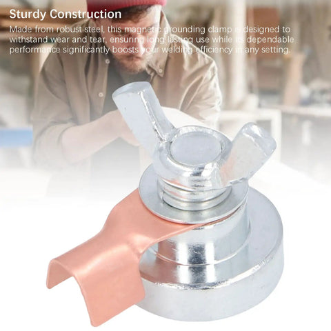 Heavy Duty Magnetic Welding Grounding Clamp With Secure Grip For Fast Setup And Portability Plus Steel Build For Strong Stability On Any Metal Job Site close-up of steel clamp with magnetic grip.