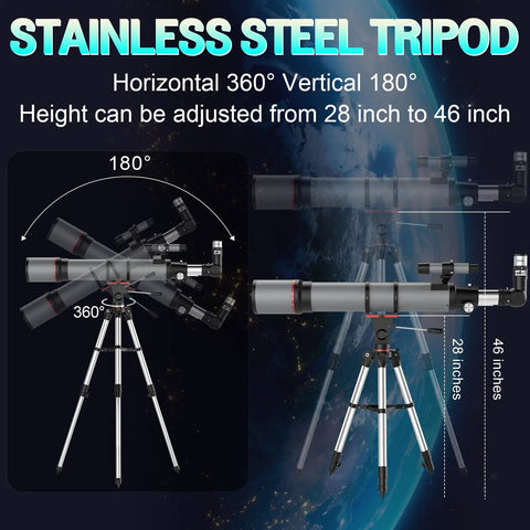 High Powered 90mm Refractor Telescope With 800mm Focal Length on stainless steel tripod with adjustable height