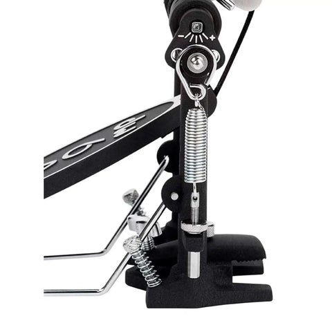 Single Bass Drum Pedal With Radius Rod Base Bearing Spring Rocker Assembly Delta Ball Bearing Hinge Dual Adjustable Toe Clamp And Three Drive Systems Including Accelerator Cam And Turbo Cam For Pro Drummers black metal side view