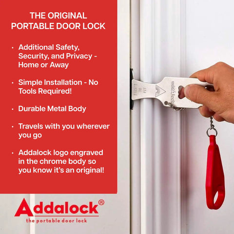 Portable Door Lock For Travel And Home Security Must Have Easy Install Inward Swing Lock shown being installed on door by hand.