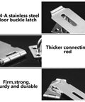Close-up collage of 304-A stainless steel hasp latch set components showing thickness and durability for gates, doors, and cabinets.