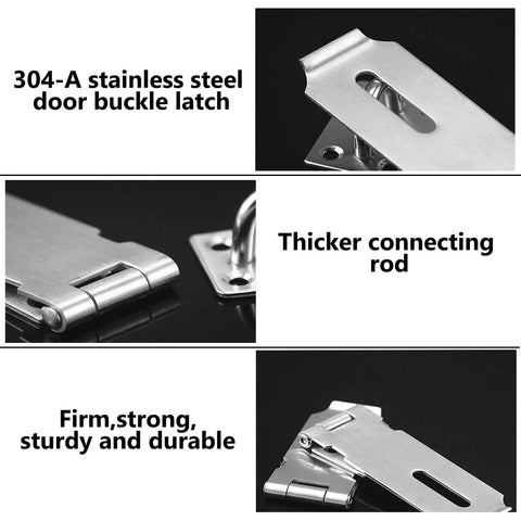 Close-up collage of 304-A stainless steel hasp latch set components showing thickness and durability for gates, doors, and cabinets.