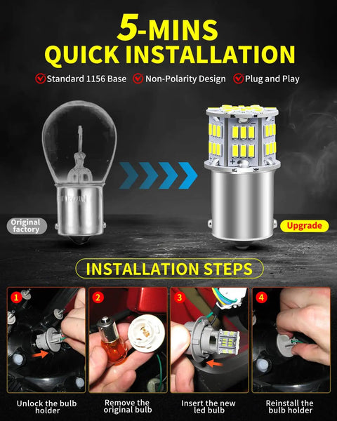 1156 1141 7506 BA15S LED Bulbs White, 10 Pack, 54 SMD 3014 LED Chips installation guide and comparison with original bulb