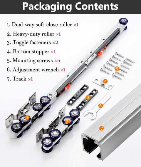 Soft Close Sliding Barn Door Track System For Interior Doors And Closets, 5.6 Foot Hardware Kit with wheels and screws, shown unassembled
