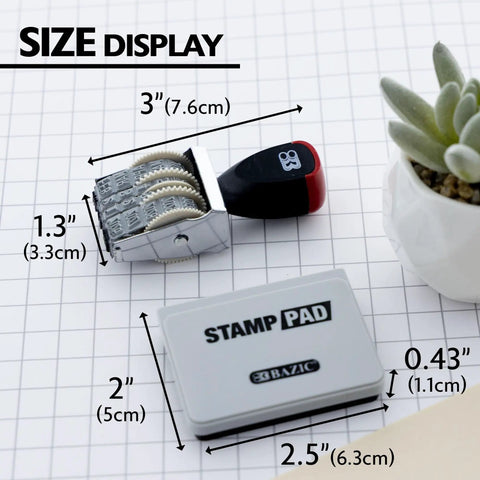 Hassle Free Rotating Date Stamp With Separate Black Ink Pad For Filing Invoices And Papers 12 Year Band Range No Sweat Setup dimensions and size display.