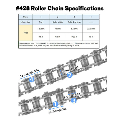 Diagram showing 428 Roller Chain specifications for 428 Chain Front Engine Sprocket 18T 17mm Width For 50cc 70cc 110cc 125cc Honda ATVs