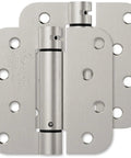 Heavy Duty 4 Inch Satin Nickel Self Closing Door Hinges Featuring Tough As Nails Adjustable Tension and Knockout Auto Close Action, close-up view.