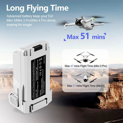 Two Pack 3850mAh Intelligent Flight Battery For DJI Mini Drones, Up To 51 Minutes Of Flight Time, LiPo, desert background