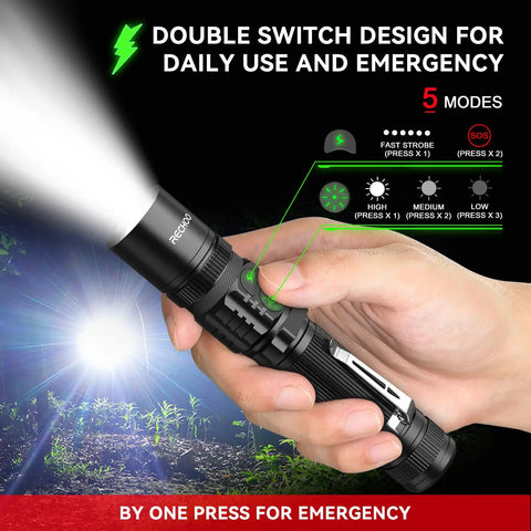 Rechargeable LED Flashlight 1000 Lumens With Dual Switch, showing dual switch design with mode options, handheld close-up