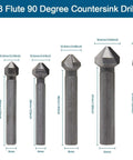 Aracombie 6-pack 3-flute 90° countersink drill bit set, HSS chamfering bits in metric sizes, front view.