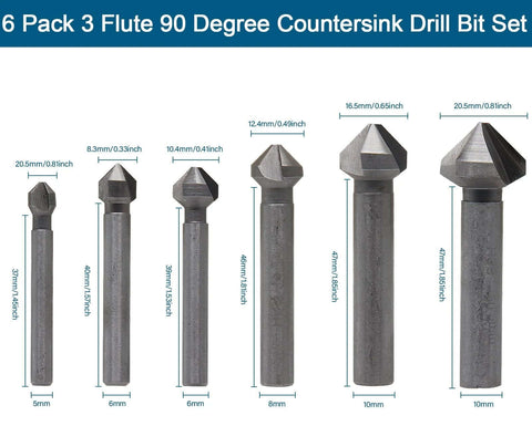 Aracombie 6-pack 3-flute 90° countersink drill bit set, HSS chamfering bits in metric sizes, front view.