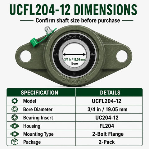 Two Pack Pillow Block Flange Bearing UCFL204 12 Three Quarter Inch Bore with specifications table and dimensions label
