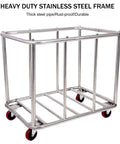 Built Like A Tank 12 Bushel Laundry Cart, Heavy Duty Stainless Steel Rolling Basket with a robust frame and red wheels.