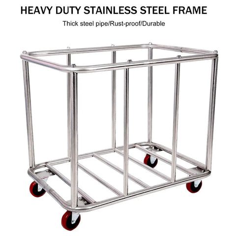 Built Like A Tank 12 Bushel Laundry Cart, Heavy Duty Stainless Steel Rolling Basket with a robust frame and red wheels.