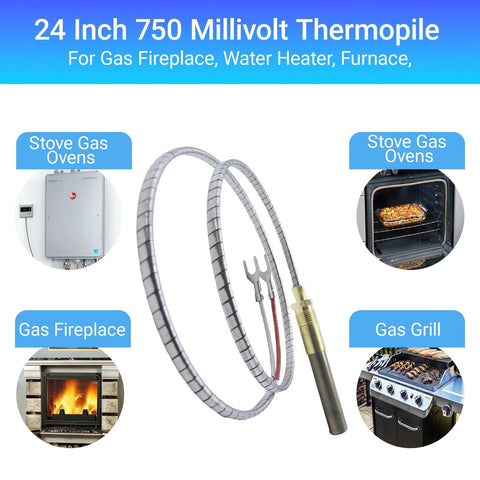 24-inch 750mV thermopile generator with braided stainless cable and probe for gas fireplaces and appliances