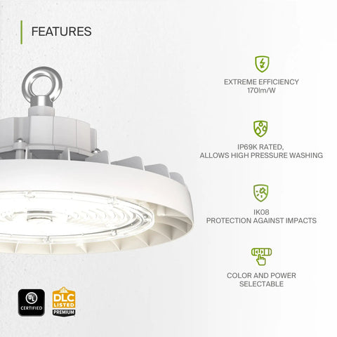 150W LED High Bay UFO Light For Warehouse, Garage And Workshop, Dimmable, IP69K Waterproof, side view with features