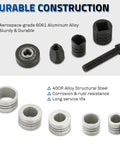Exhaust pipe expander tool set with 28mm range, includes black adapters and silver split sleeves