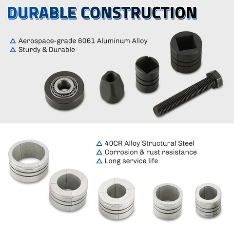 Exhaust pipe expander tool set with 28mm range, includes black adapters and silver split sleeves