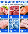 Wide range of applications, showcasing various meats and bones for Heavy Duty 2500W Electric Meat Band Saw Commercial Bone Cutting.