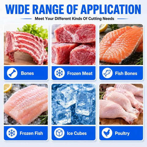 Wide range of applications, showcasing various meats and bones for Heavy Duty 2500W Electric Meat Band Saw Commercial Bone Cutting.