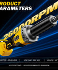 Heavy Duty Game Changer 1100W Brushless Cordless Die Grinder showing 1/4 inch chuck and 26000 RPM speed setting.
