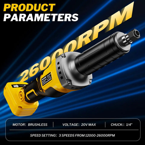Heavy Duty Game Changer 1100W Brushless Cordless Die Grinder showing 1/4 inch chuck and 26000 RPM speed setting.